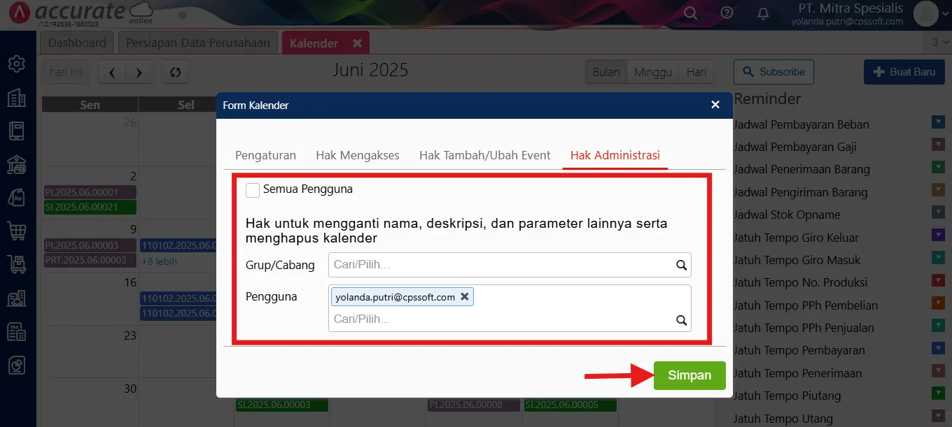 baca kalender Accurate Online